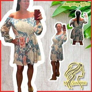 CUPSHE NWT - Sz XL - Floral Off-Shoulder tiered ruffled Dress - Blue and Pink